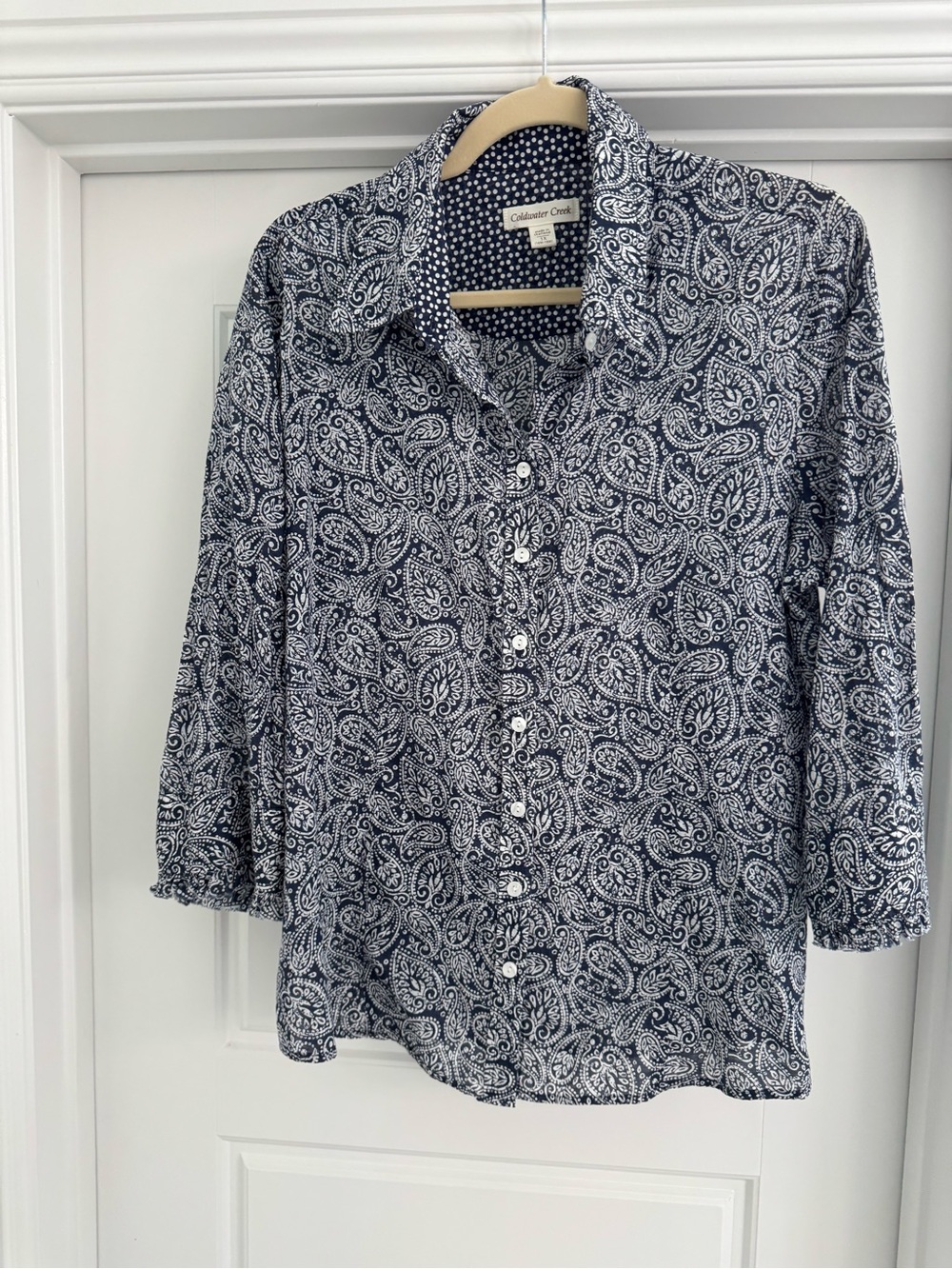 Coldwater Creek Navy and White Dot Paisley Blouse